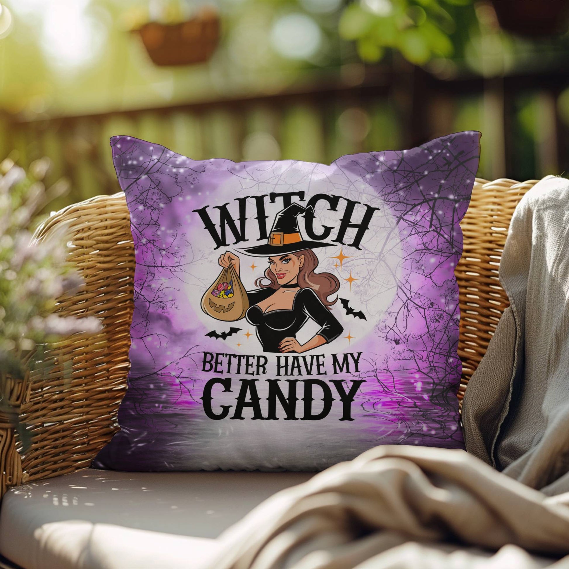 Halloween indoor/outdoor pillow with “Witch Better Have My Candy” for fun décor
