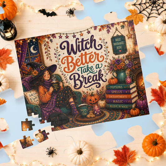 Witch Better Take a Break Halloween puzzle with witch, self care pillow, and magical books