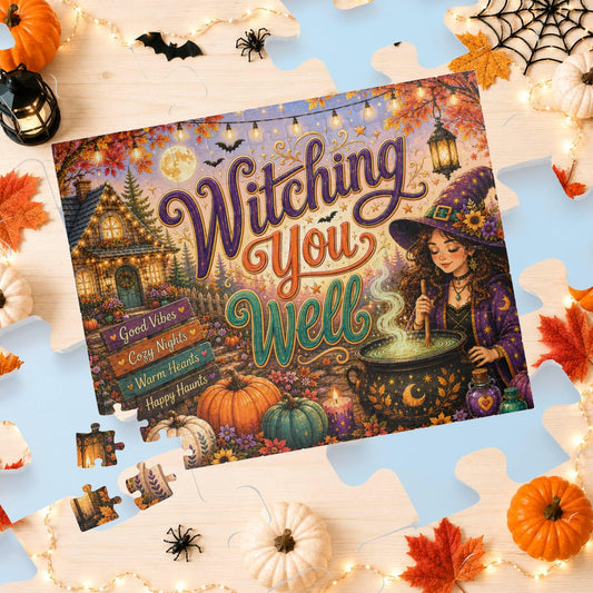 Witching You Well Halloween puzzle featuring witch stirring cauldron, pumpkins, moon, and cottage