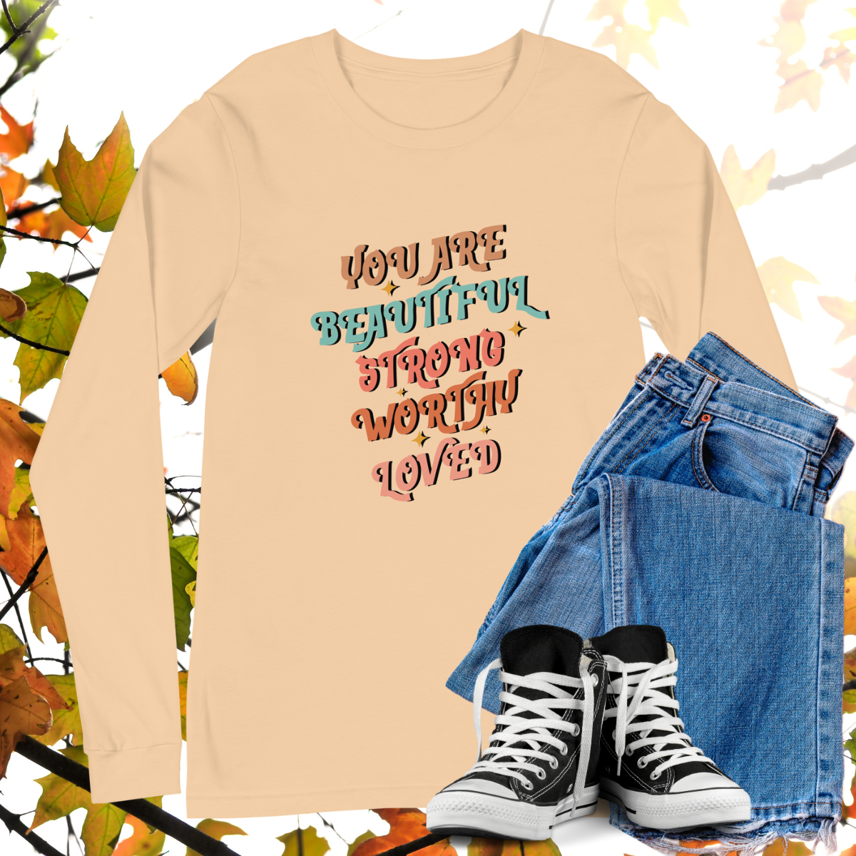 You Are Beautiful Strong Worthy Loved - Retro Long Sleeve Tee, Bella + Canvas