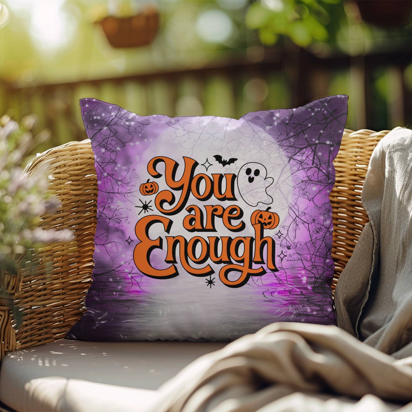 Indoor/outdoor pillow with “You Are Enough” promoting self-love and mental health