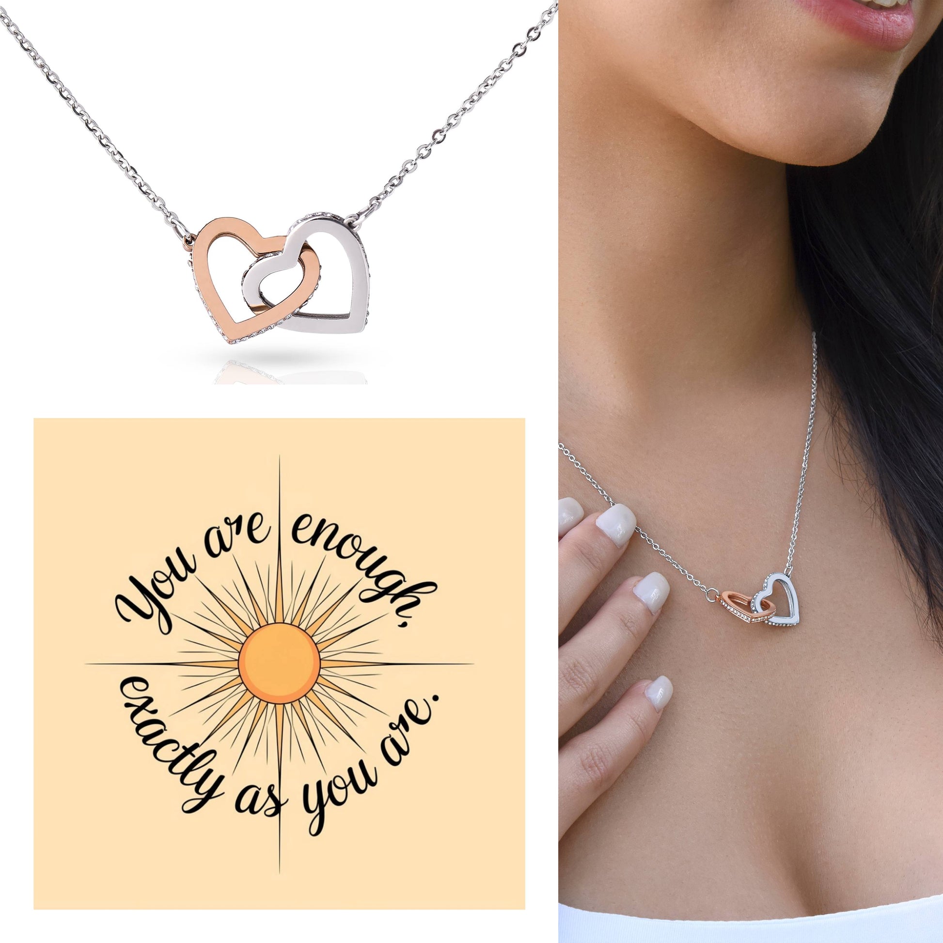 You Are Enough, Exactly As You Are: Interlocking Hearts Necklace - Mental Health Gift, Self-Love, Anxiety, PTSD Support