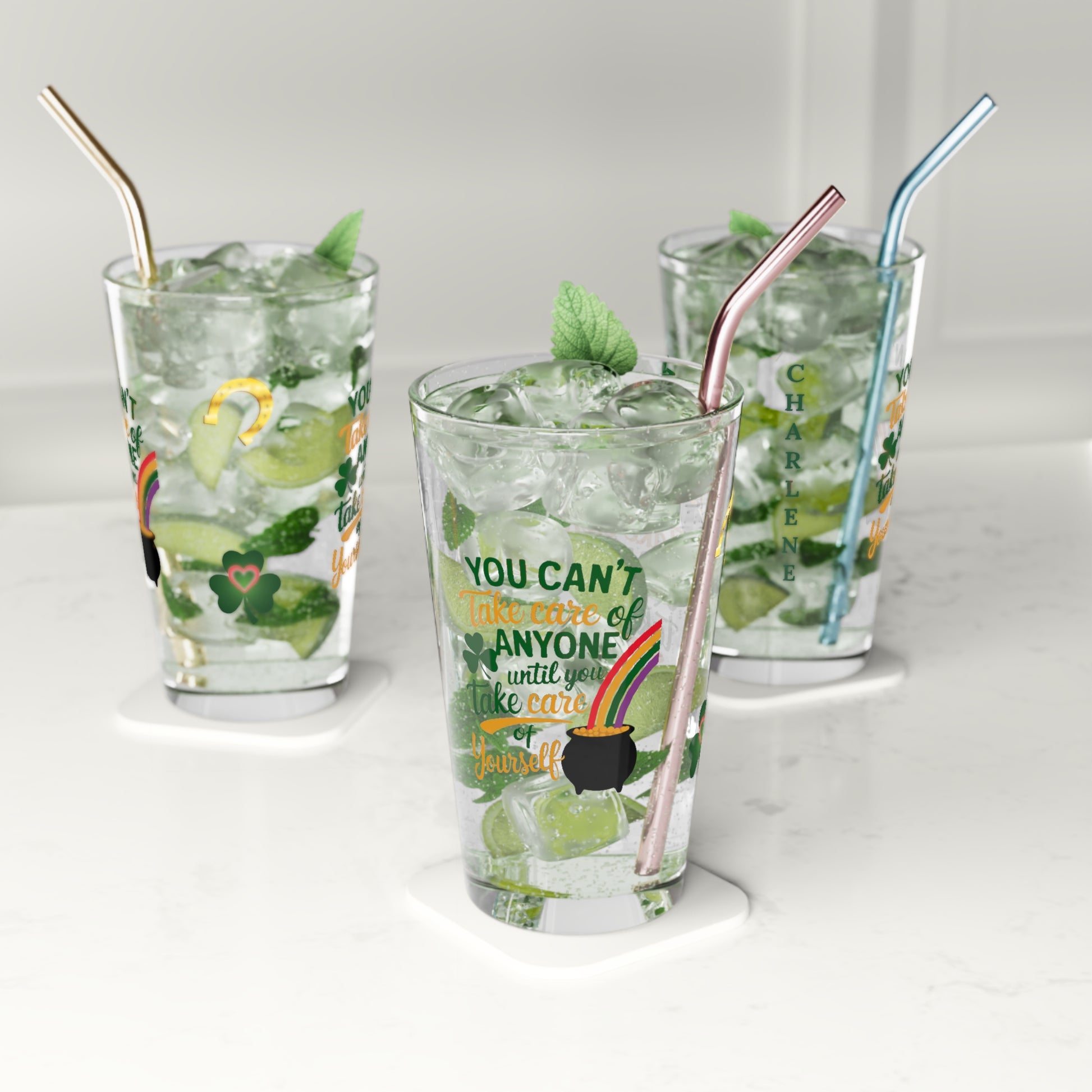 You Can't Take Care Of Anyone Until You Take Care Of Yourself: Personalized St. Patrick's Day Pint Glass - Customizable Name for Happiness and Positivity