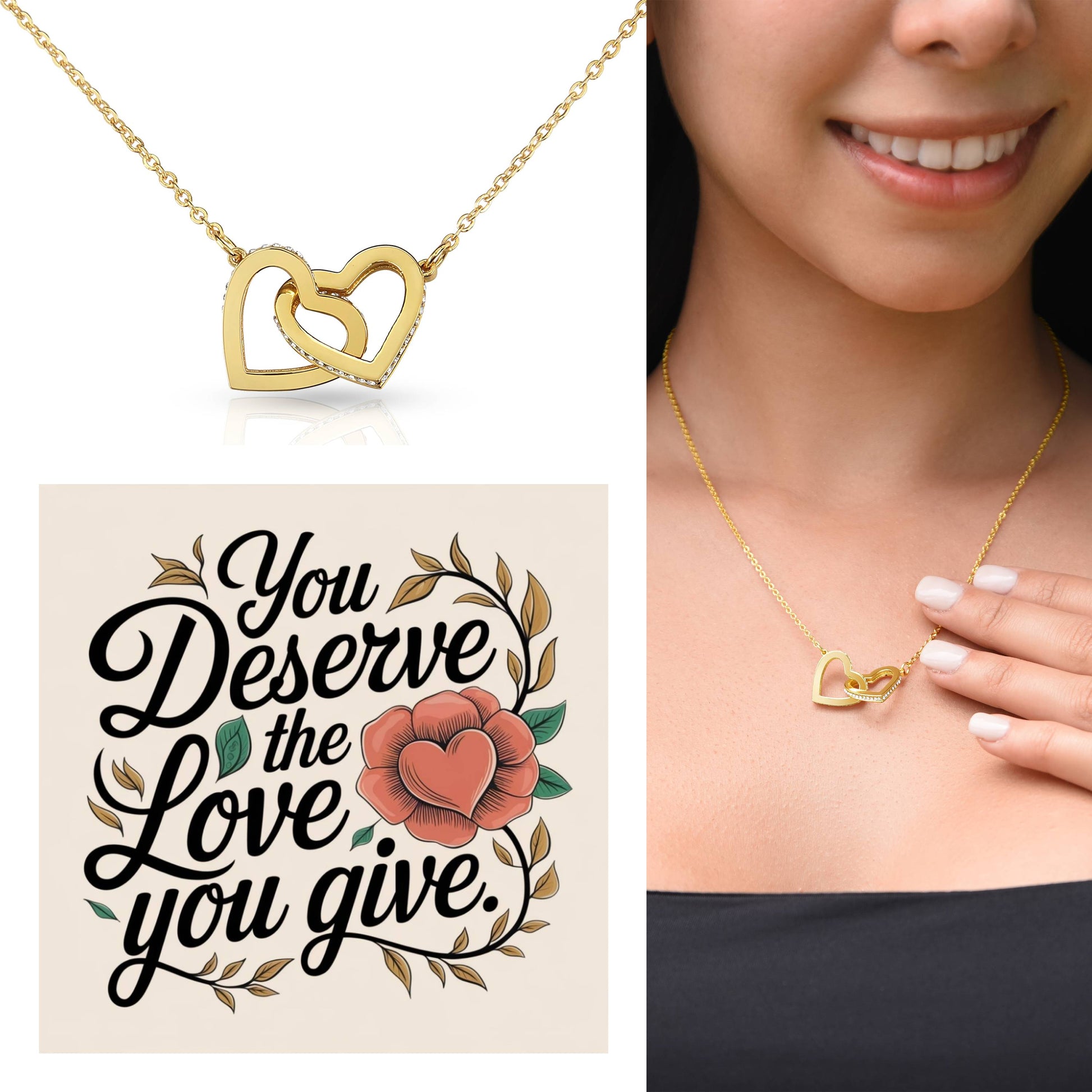 You Deserve The Love You Give: Interlocking Hearts Necklace - Mental Health Gift, Self-Love, Anxiety, PTSD Support