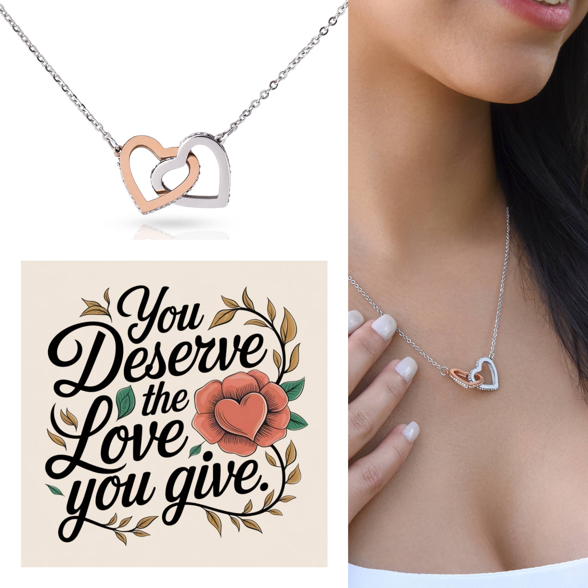 You Deserve The Love You Give: Interlocking Hearts Necklace - Mental Health Gift, Self-Love, Anxiety, PTSD Support