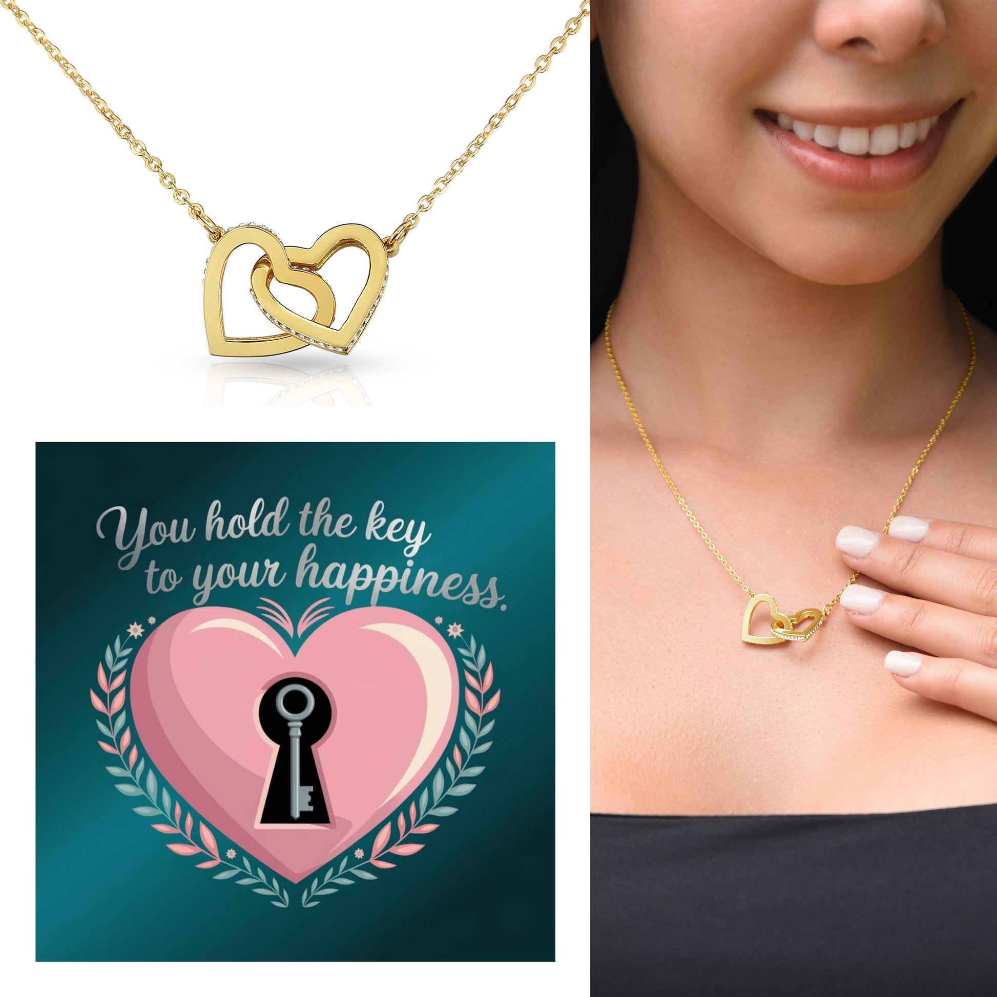You Hold The Key To Your Happiness: Interlocking Hearts Necklace - Mental Health Gift, Self-Love, Anxiety, PTSD Support