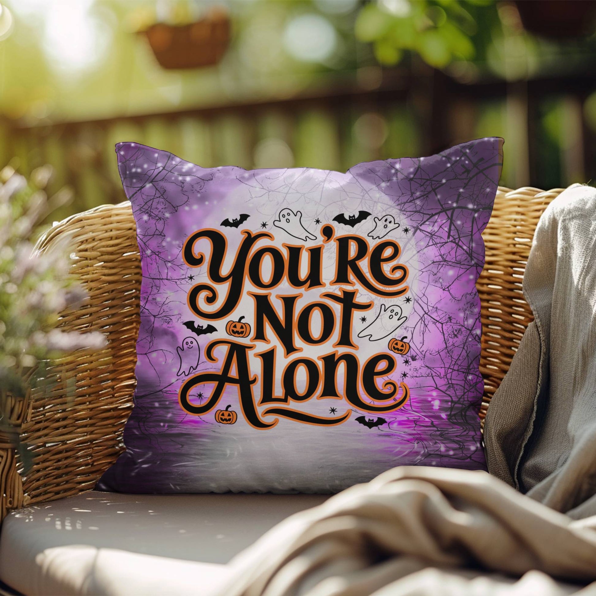 Indoor/outdoor mental health pillow with “You’re Not Alone” to promote comfort and support