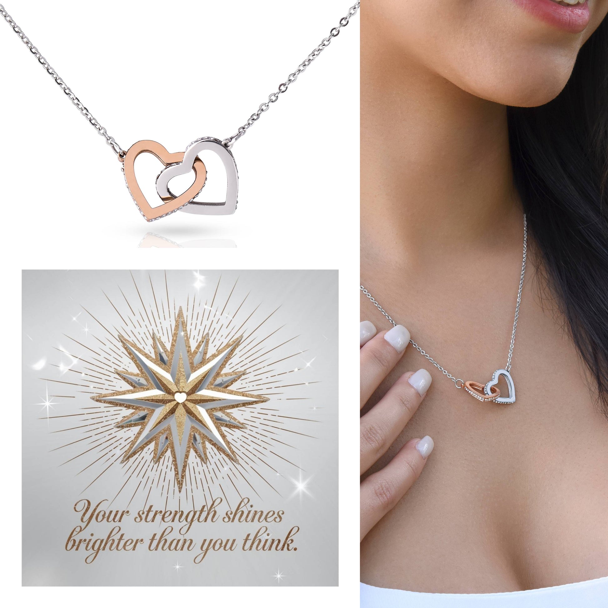 Your Strength Shines Brighter Than You Think: Interlocking Hearts Necklace - Mental Health Gift, Self-Love, Anxiety, PTSD Support
