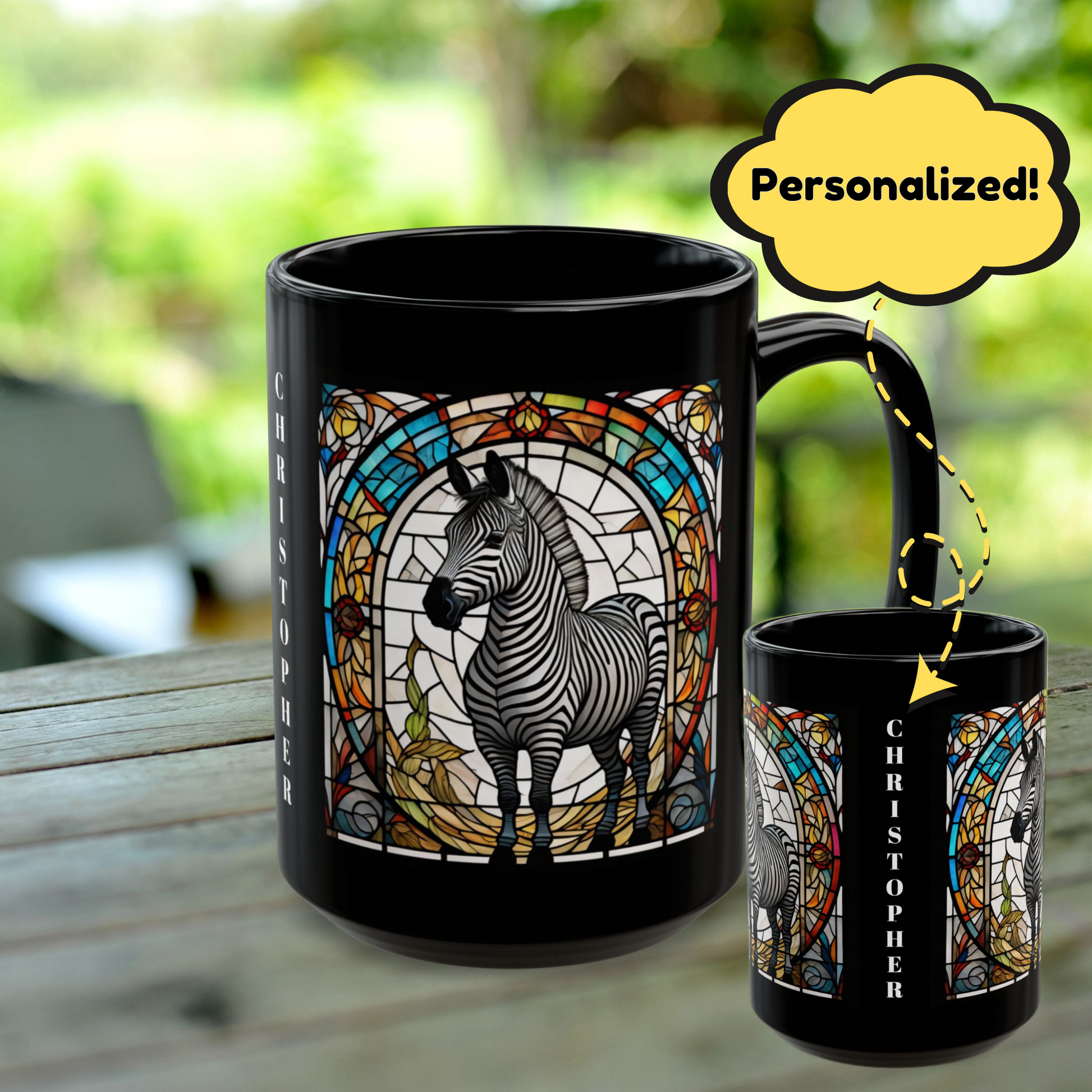 Zebra personalized mug with stained glass zoo animal design, black ceramic wildlife coffee cup.