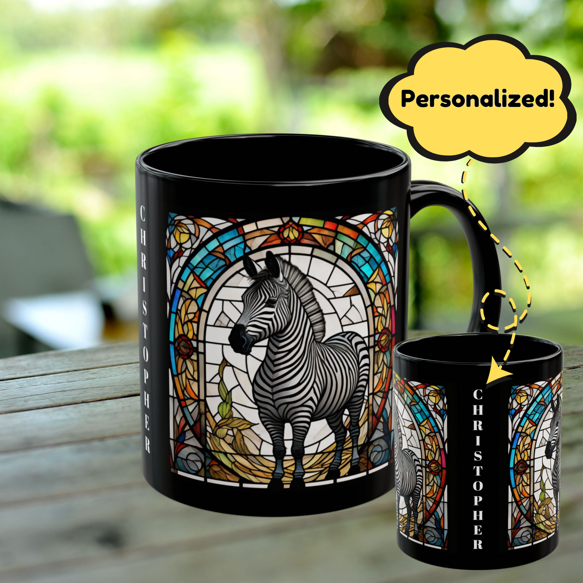 Zebra personalized mug with stained glass zoo animal design, black ceramic wildlife coffee cup.