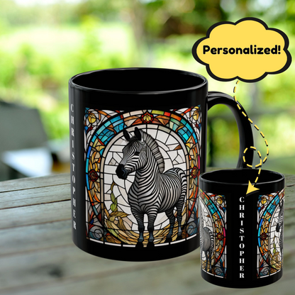 Zebra personalized mug with stained glass zoo animal design, black ceramic wildlife coffee cup.