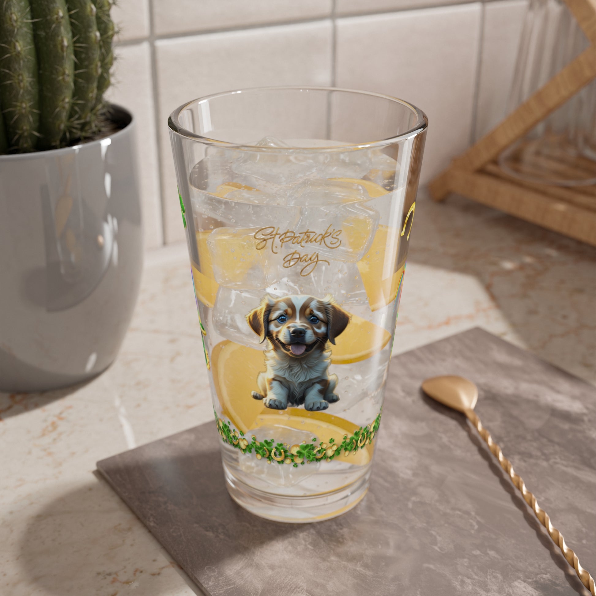 Zenful Zigzags of Puppy Zen: Mindful St. Patrick's Day 16oz Pint Glasses - Festive Design for Positivity & Wellness