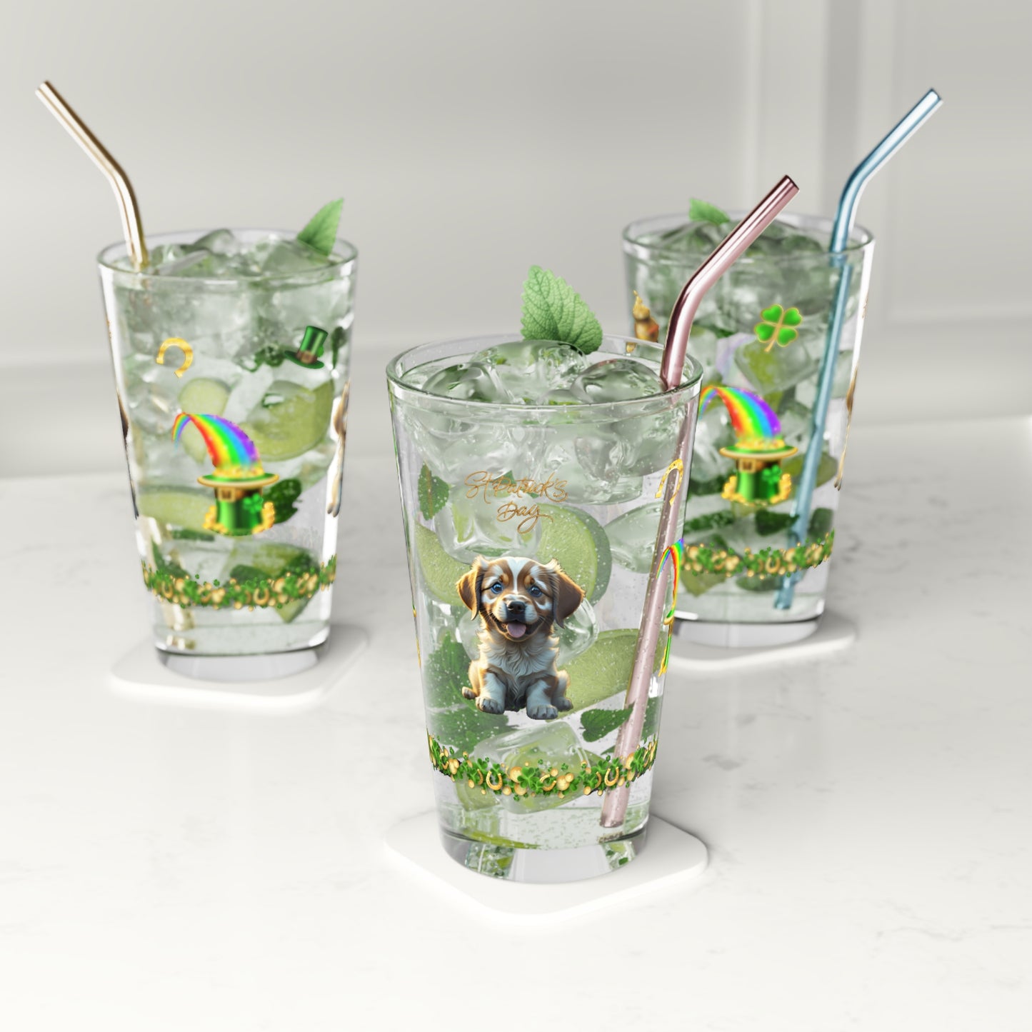 Zenful Zigzags of Puppy Zen: Mindful St. Patrick's Day 16oz Pint Glasses - Festive Design for Positivity & Wellness