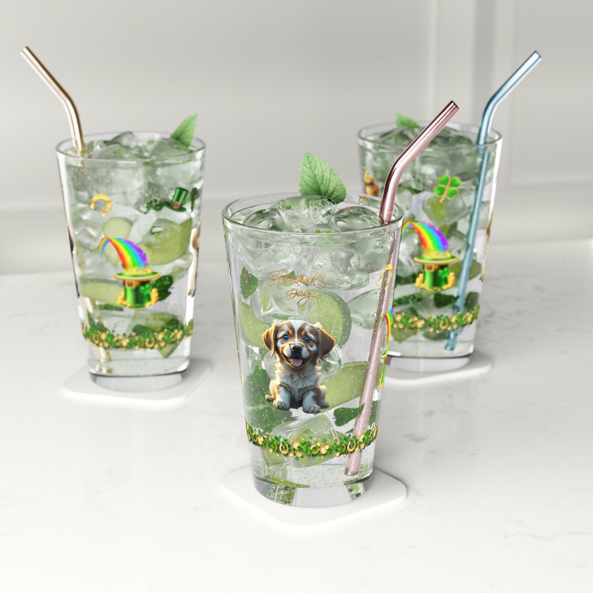 Zenful Zigzags of Puppy Zen: Mindful St. Patrick's Day 16oz Pint Glasses - Festive Design for Positivity & Wellness