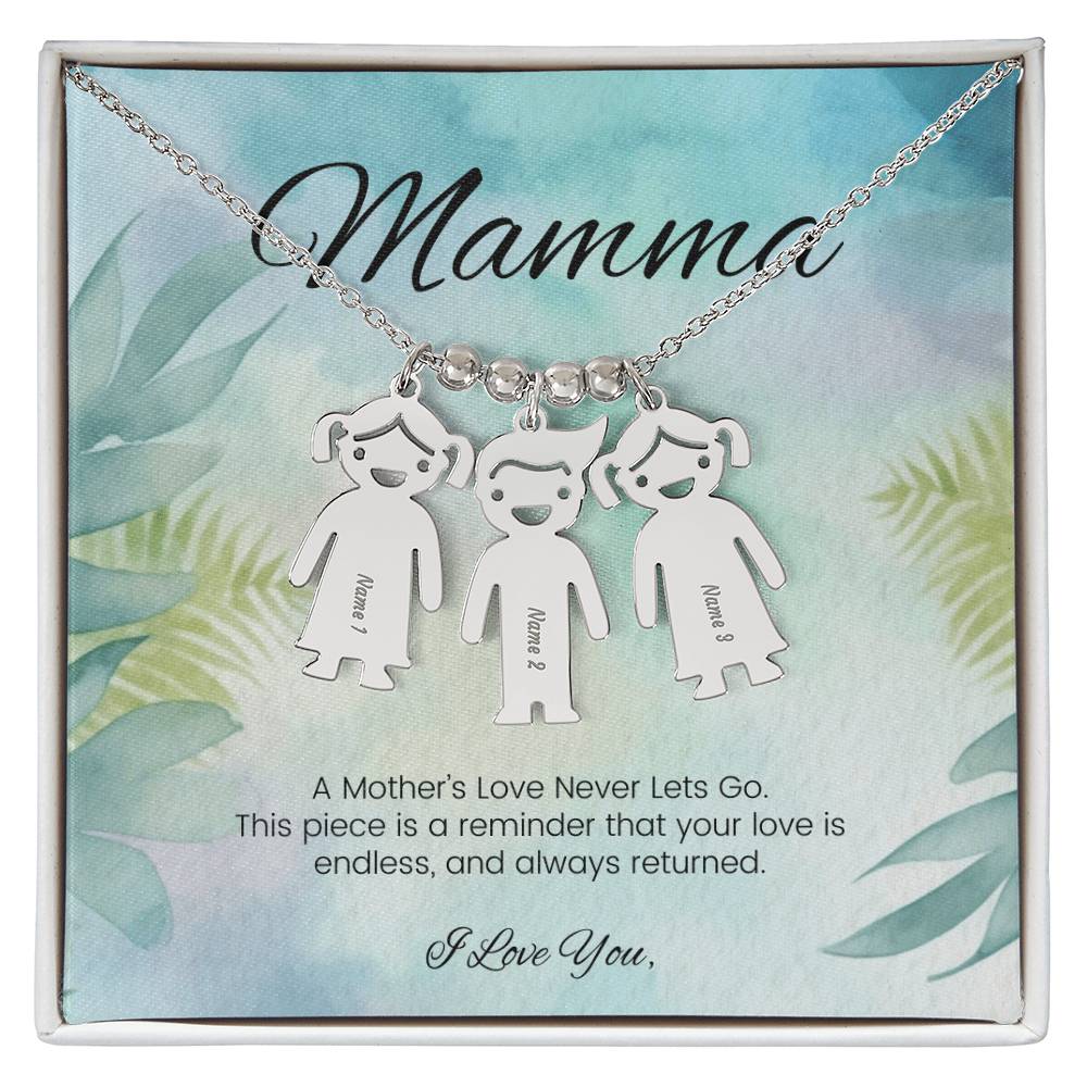 A mother’s love never lets go engraved kids charm necklace custom gift for mom or grandma - MySisterIsASurvivor