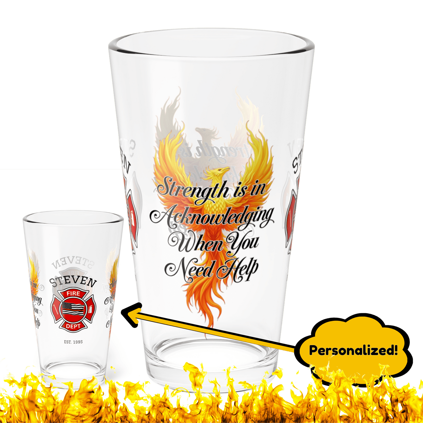 Firefighter support pint glass reminding first responders to seek help and prioritize mental health. - MySisterIsASurvivor