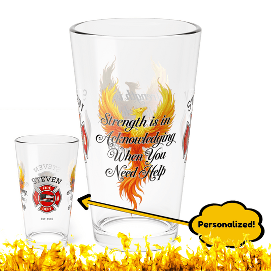 Firefighter support pint glass reminding first responders to seek help and prioritize mental health. - MySisterIsASurvivor