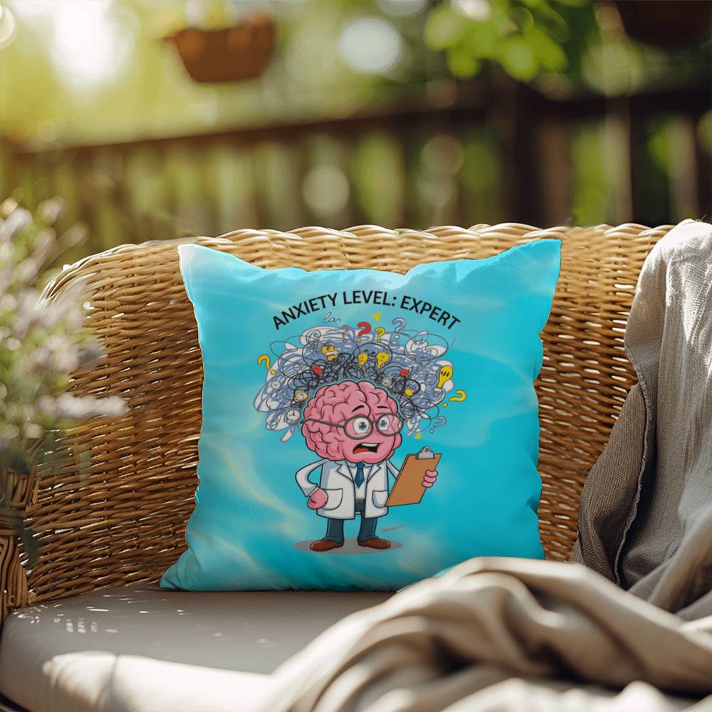 "Anxiety Level: Expert" indoor/outdoor pillow, designed for mental health support, self-care, and anxiety relief.
