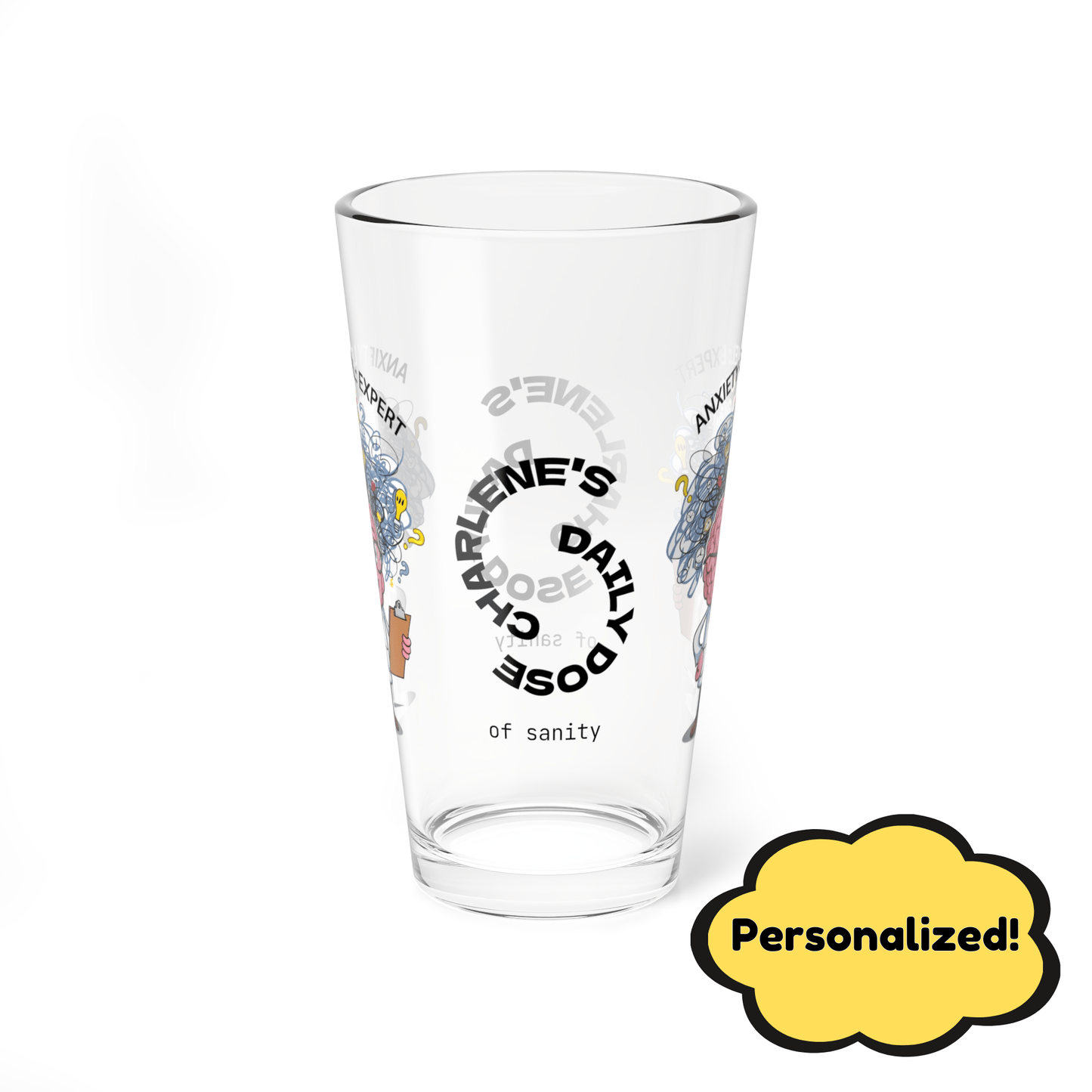 "Anxiety Level: Expert" personalized pint glass with attitude, offering daily humor and self-care.