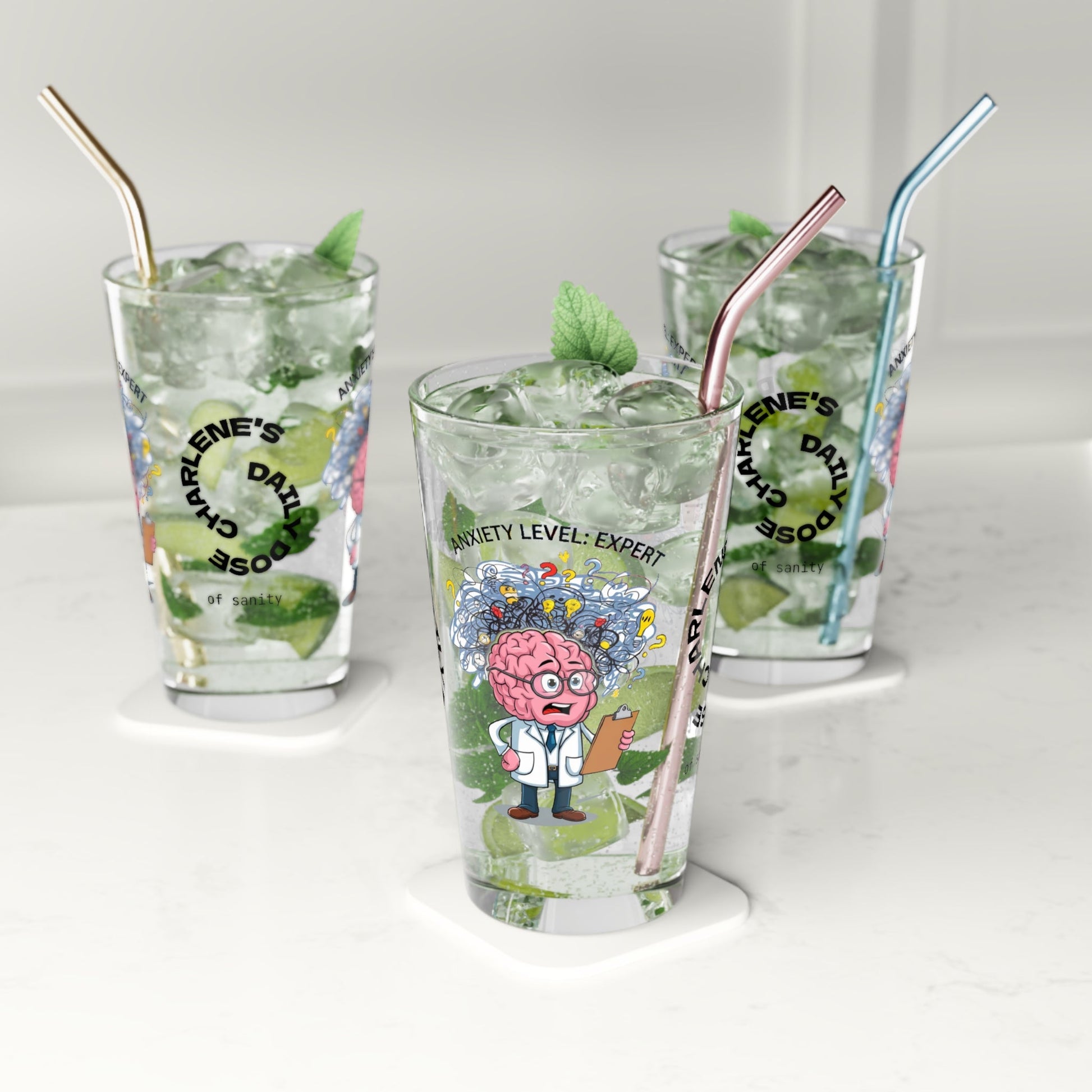 "Anxiety Level: Expert" personalized pint glass with attitude, offering daily humor and self-care.