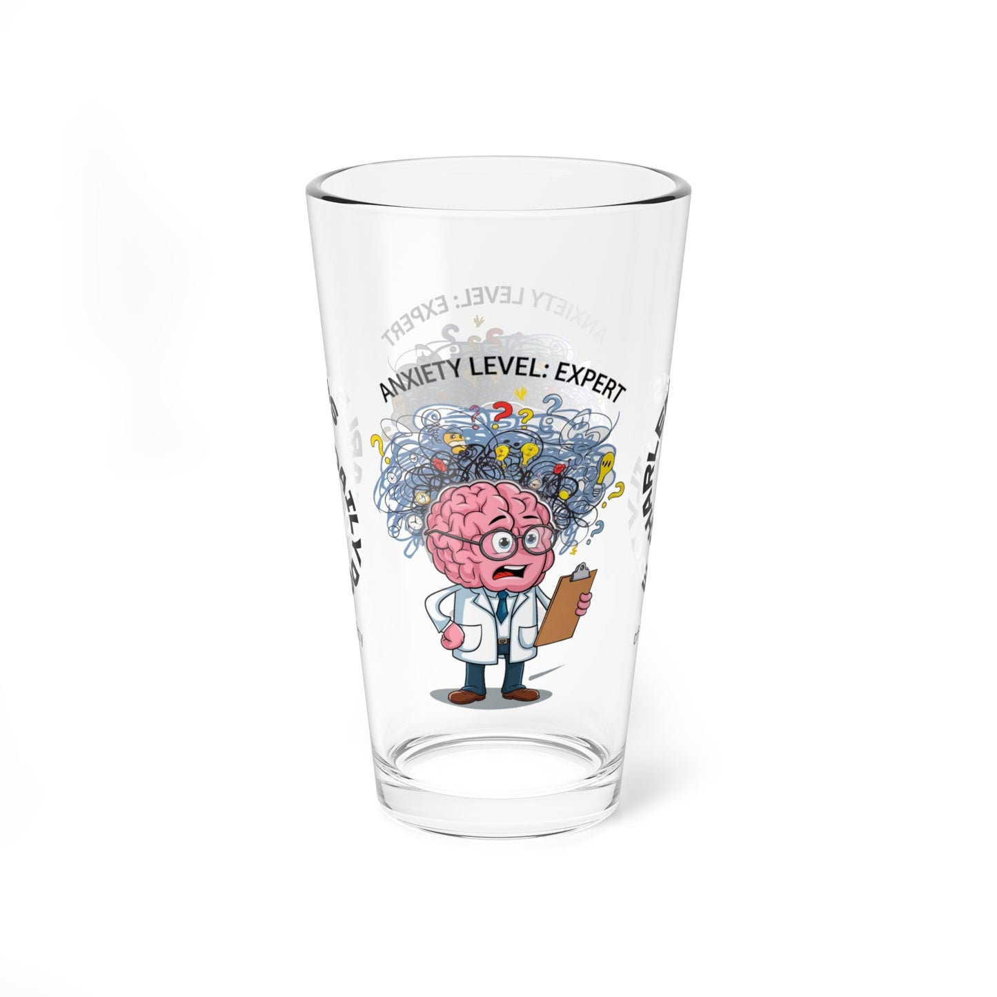 "Anxiety Level: Expert" personalized pint glass with attitude, offering daily humor and self-care.