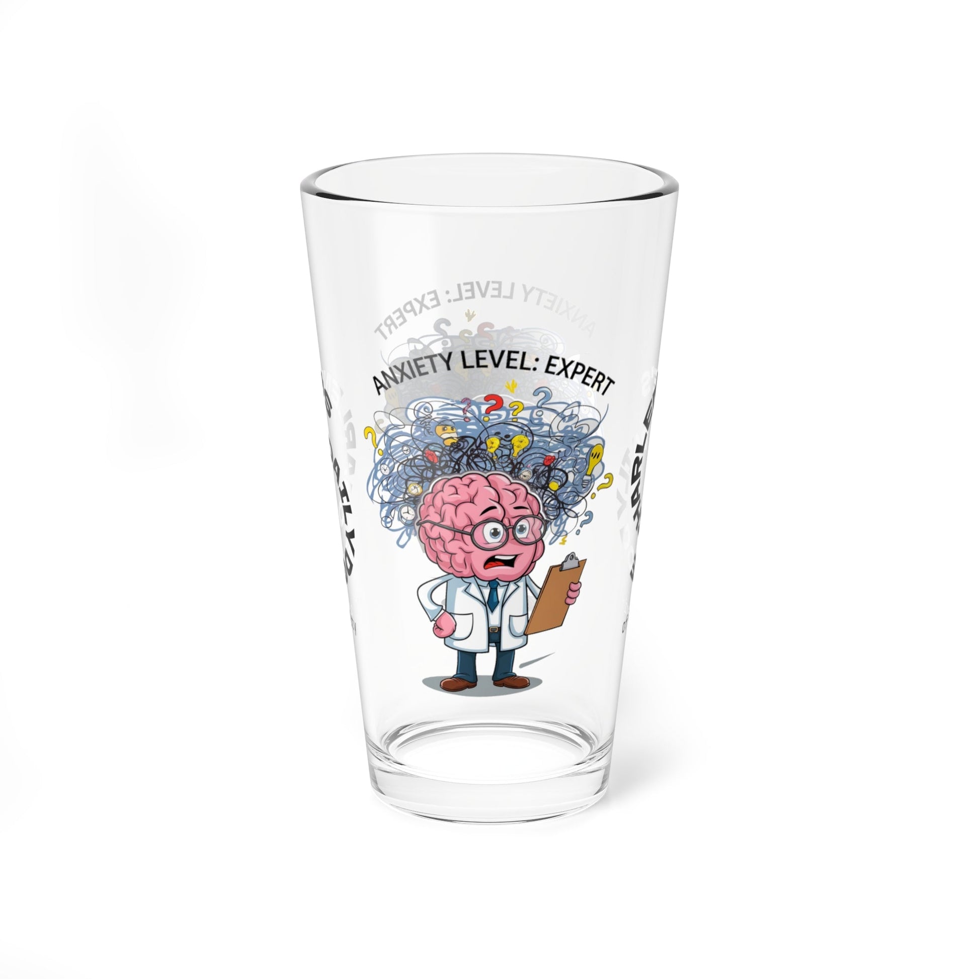 "Anxiety Level: Expert" personalized pint glass with attitude, offering daily humor and self-care.