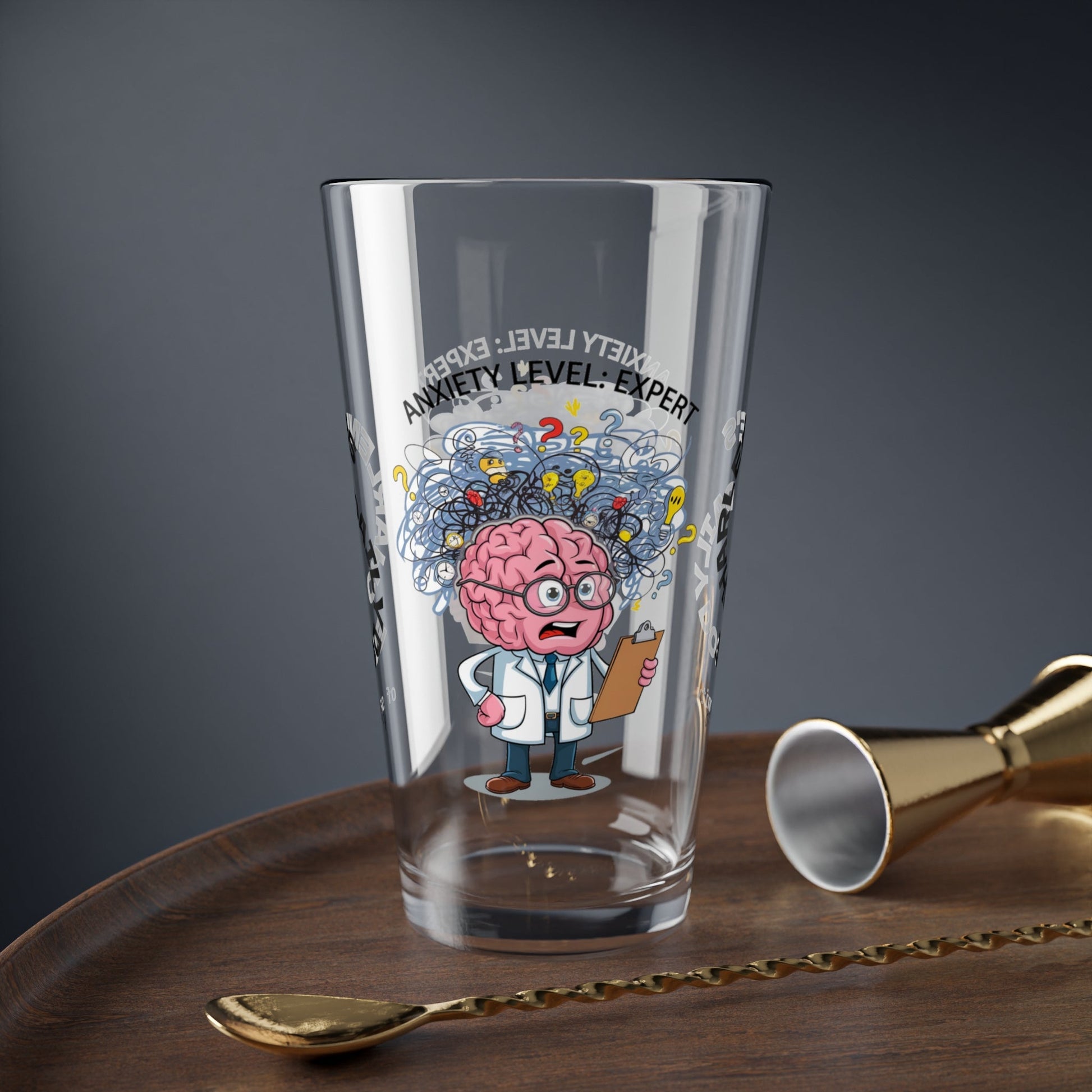 "Anxiety Level: Expert" personalized pint glass with attitude, offering daily humor and self-care.