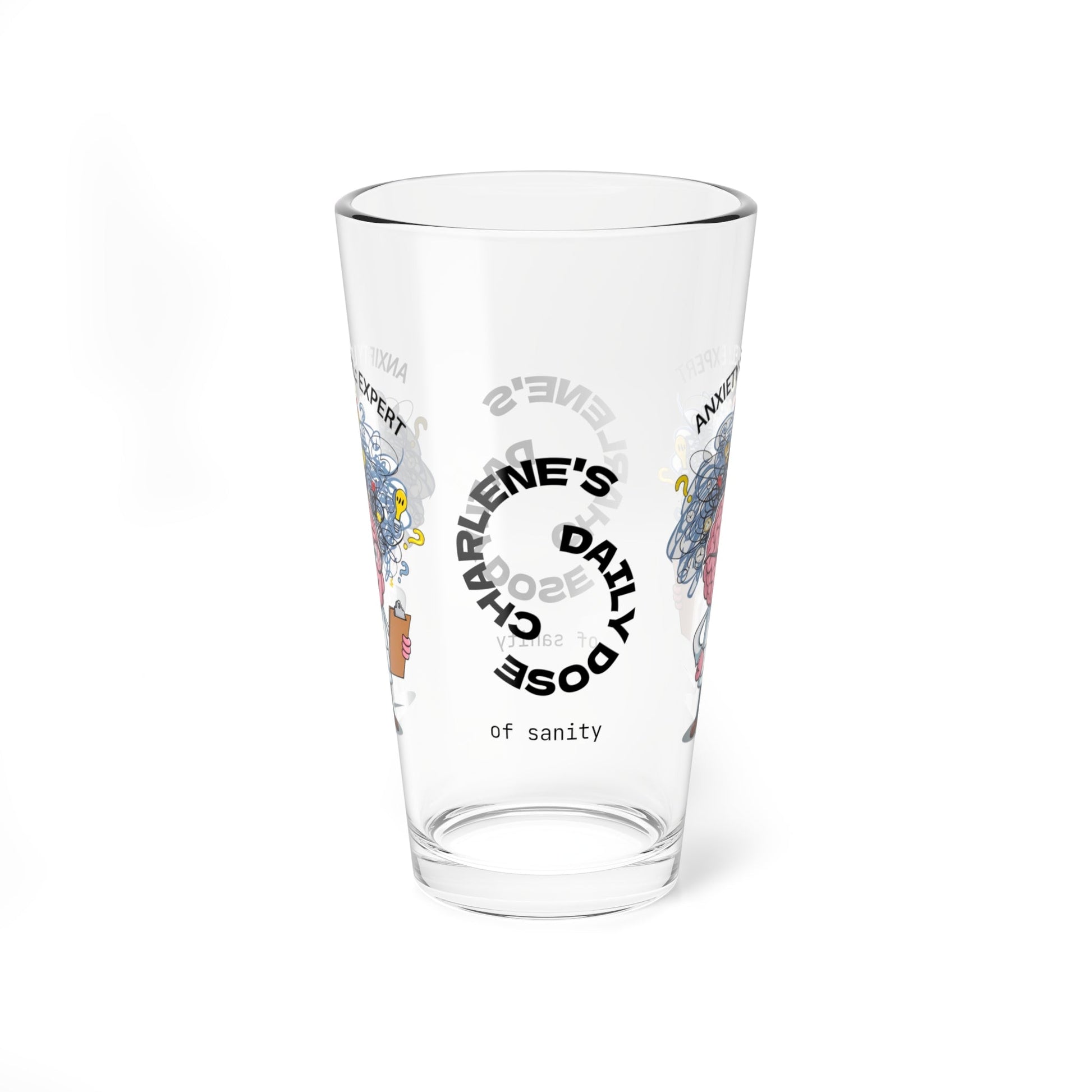 "Anxiety Level: Expert" personalized pint glass with attitude, offering daily humor and self-care.