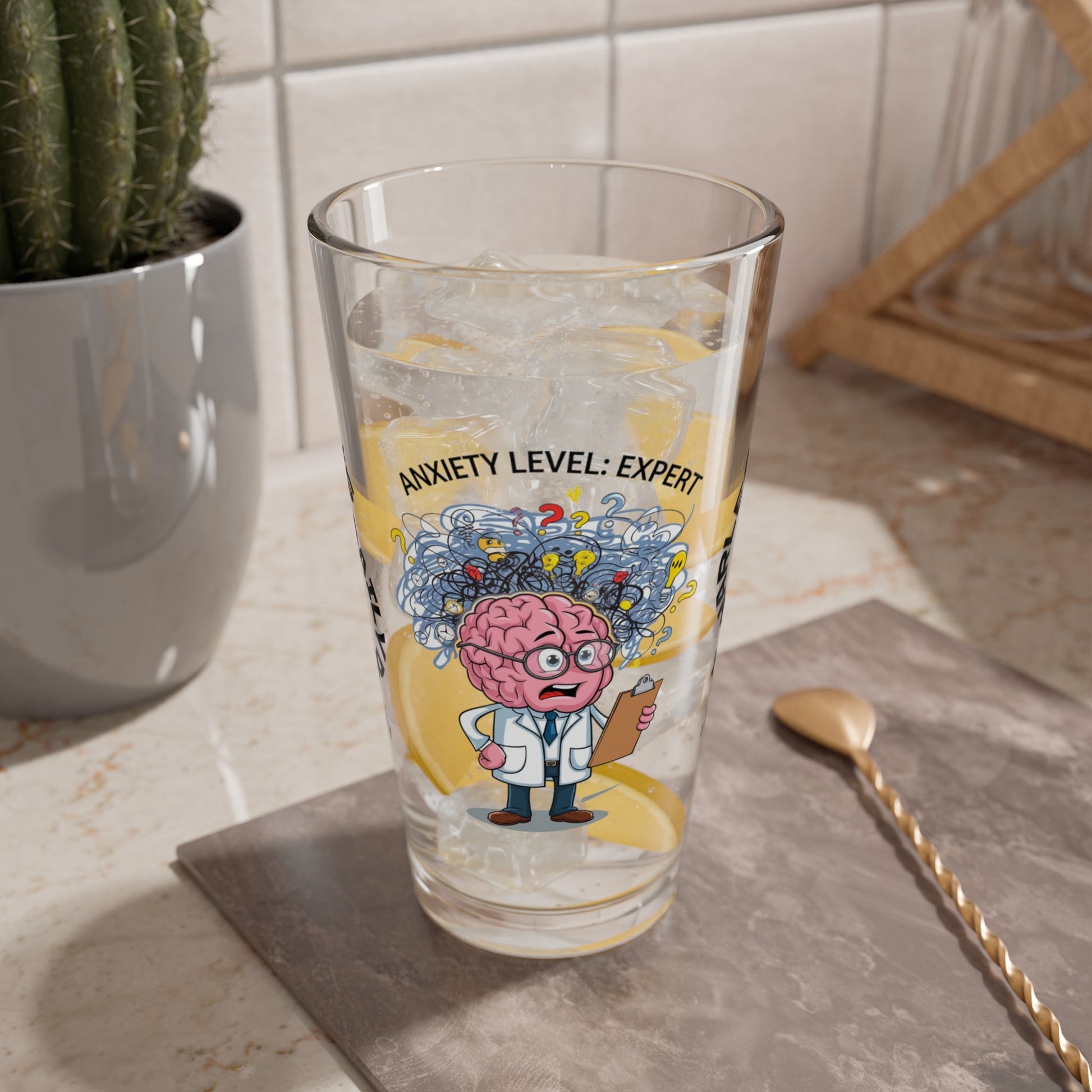 "Anxiety Level: Expert" personalized pint glass with attitude, offering daily humor and self-care.