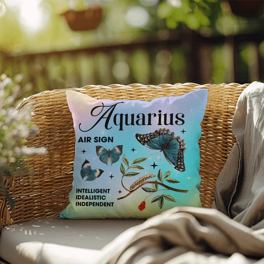 Shop our aquarius butterfly indoor outdoor pillow featuring the 18" x 18" style option from MySisterIsASurvivor.