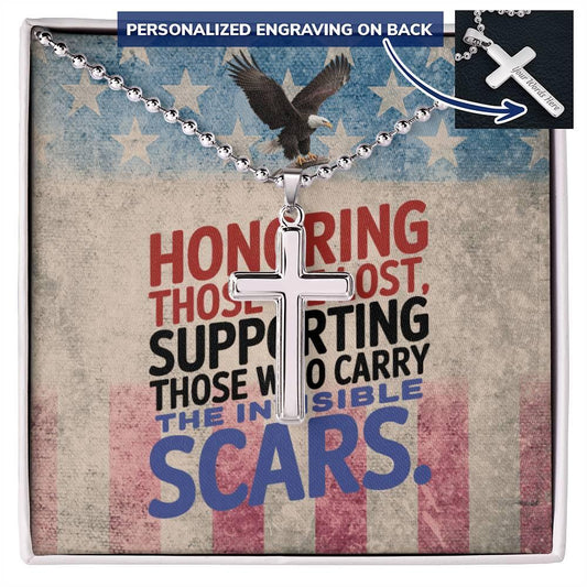 Engraved cross necklace with "Honoring Those We Lost" - Memorial Day gift for veterans and remembrance