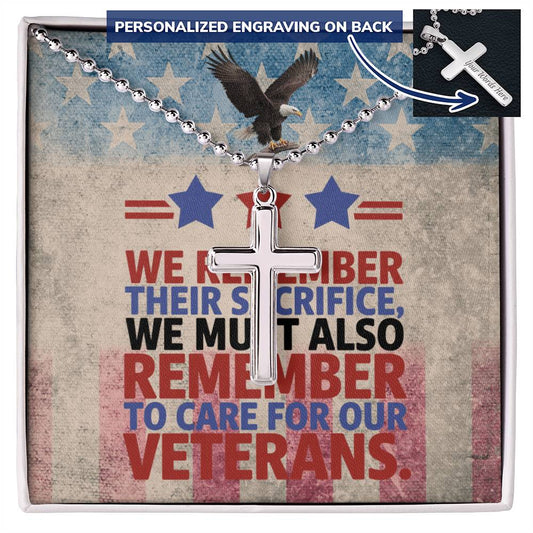 Engraved cross necklace with "We Remember Their Sacrifice" - military memorial gift for healing and honor