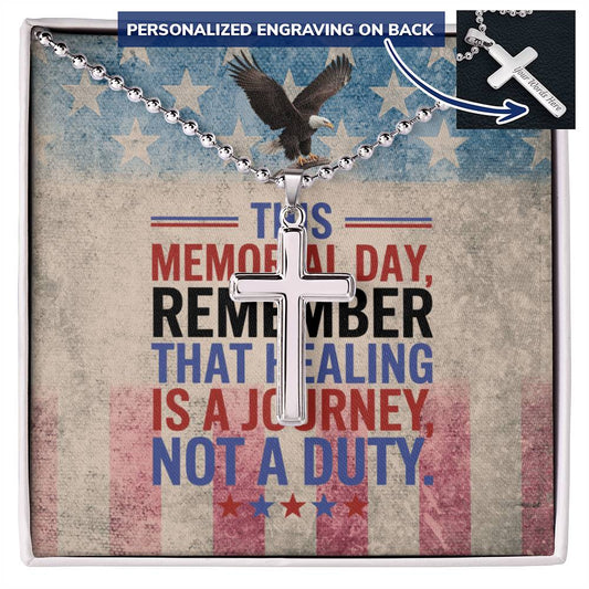 "This Memorial Day, Let's Remember" cross necklace - engraved tribute gift for honoring military loss
