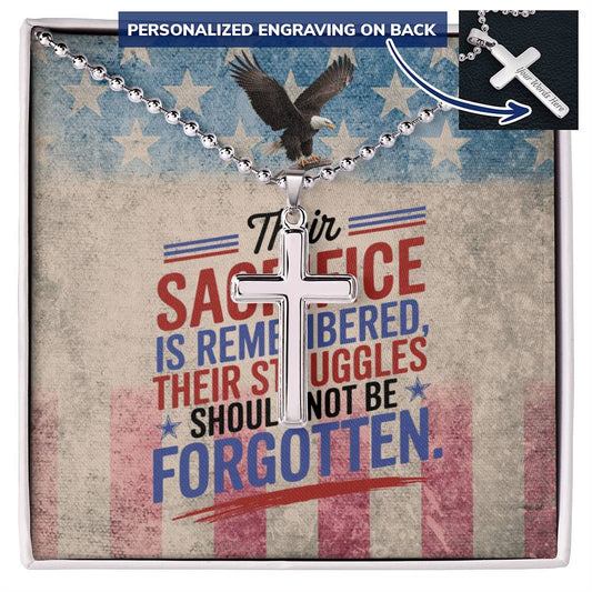Their Sacrifice Is Remembered cross necklace - memorial jewelry honoring veterans and healing through remembrance