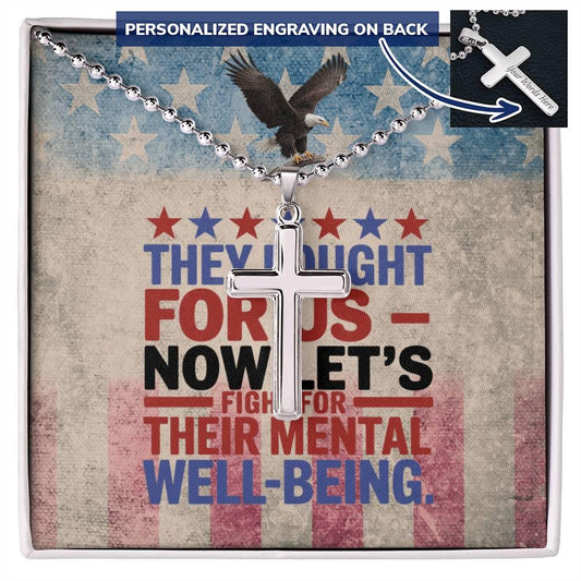 "They Fought for Us" engraved dog tag-style cross - tribute necklace for military service and Memorial Day