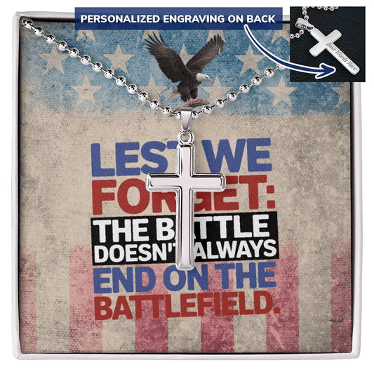 Shop our lest we forget engraved cross featuring the Luxury Box style option from MySisterIsASurvivor.