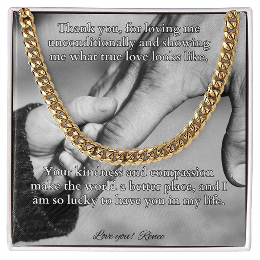 Cuban link chain with card reading “Thank You, For Loving Me” – heartfelt necklace for dad