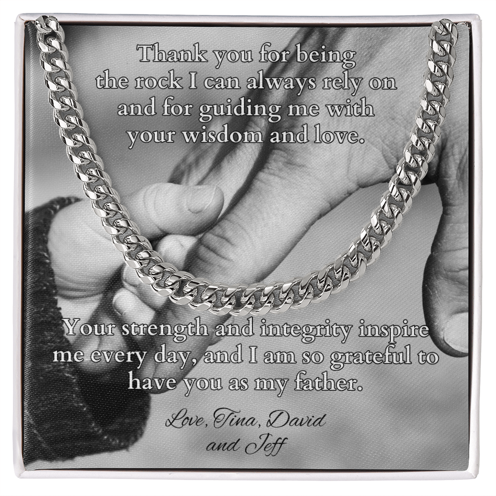 Cuban link chain necklace with “Thank You For Being The Rock” message – strong dad gift