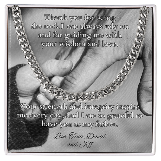 Cuban link chain necklace with “Thank You For Being The Rock” message – strong dad gift