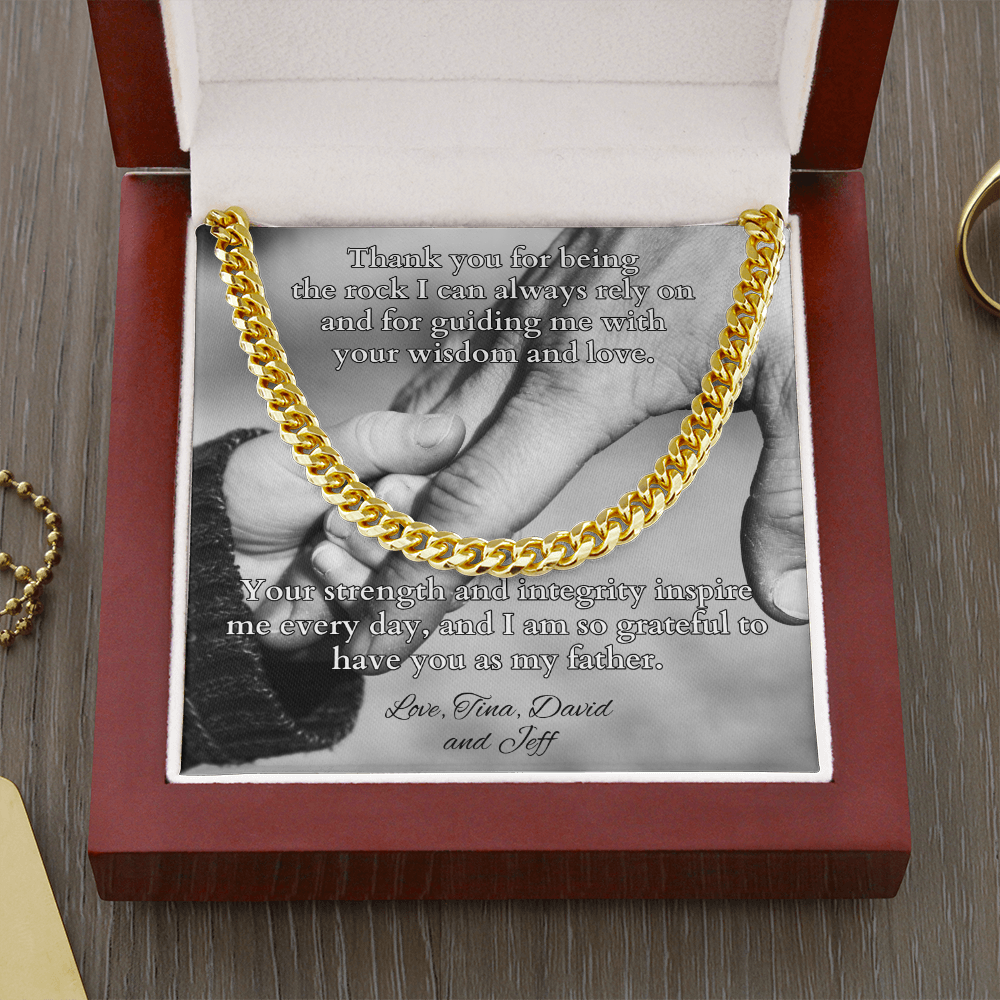 Cuban link chain necklace with “Thank You For Being The Rock” message – strong dad gift