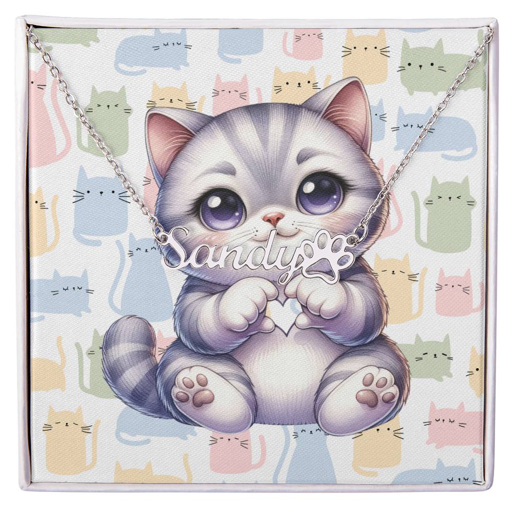 British Shorthair Cat - Personalized Name Necklace + Paw Print