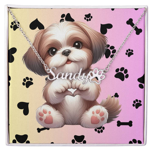 Shih Tzu Dog - Personalized Name Necklace W/Paw Print Symbol - Custom Therapy Animal Jewelry & Keepsake