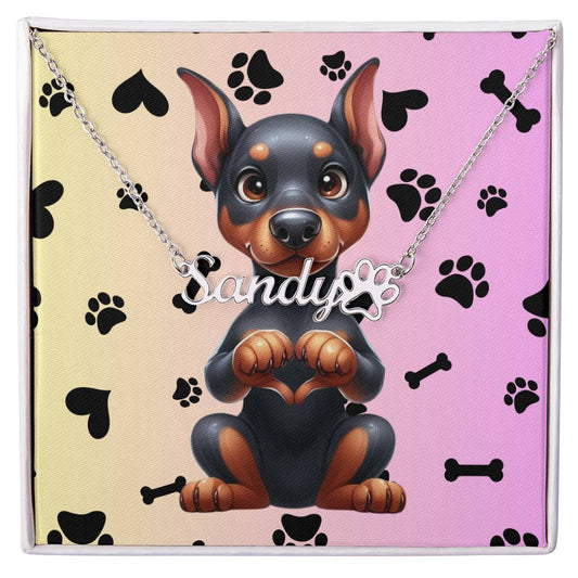 Doberman Pinscher Dog - Personalized Name Necklace W/Paw Print Symbol - Custom Therapy Animal Jewelry & Keepsake