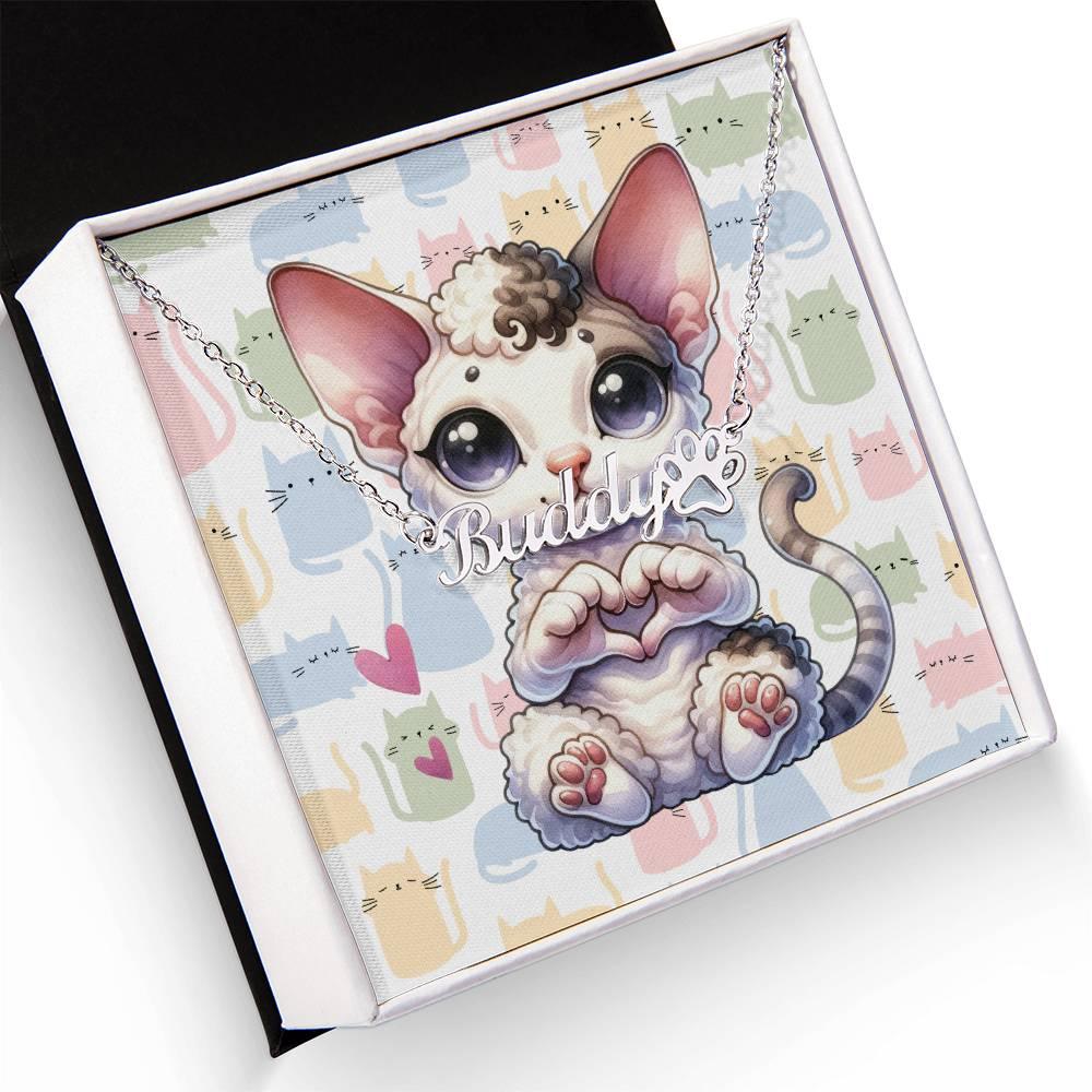 Cornish Rex Cat Personalized Name Necklace with Paw Print Custom Cat Jewelry Personalized Gift