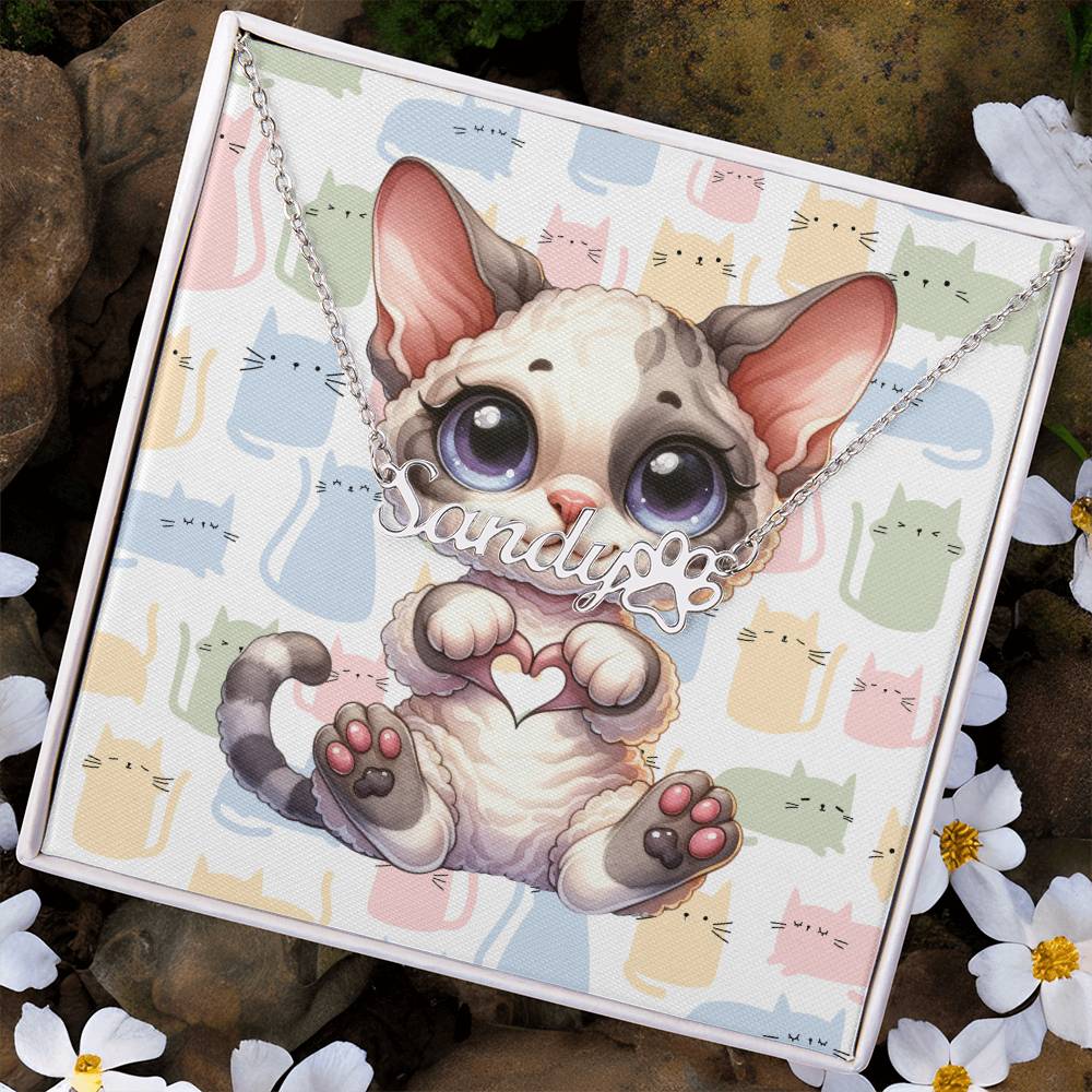 Devon Rex Cat - Personalized Name Necklace + Paw Print
