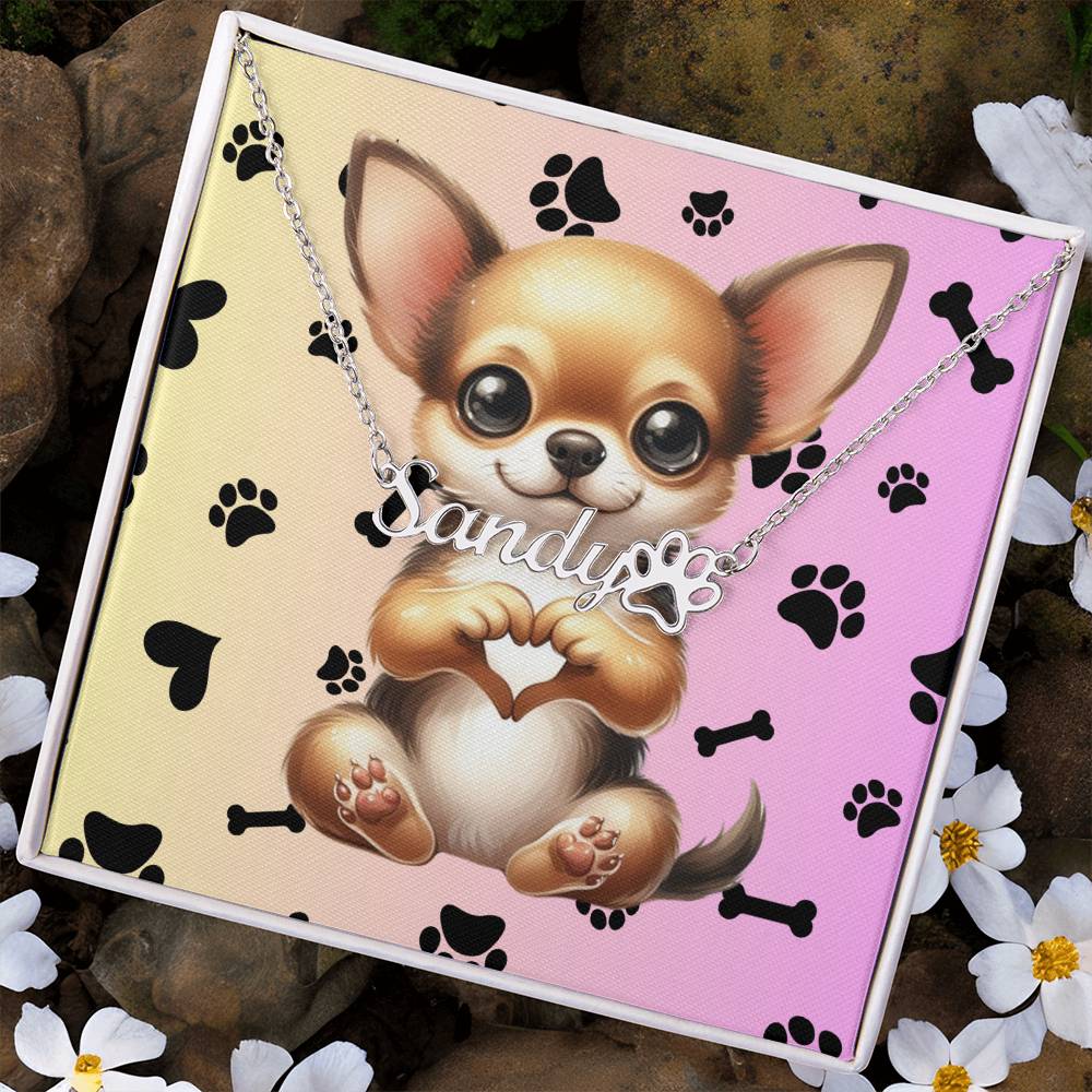 Chihuahua Dog - Personalized Name Necklace W/Paw Print Symbol - Custom Therapy Animal Jewelry & Keepsake