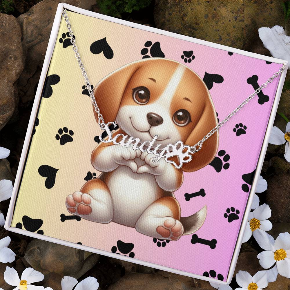 Beagle Dog - Personalized Name Necklace W/Paw Print Symbol - Custom Therapy Animal Jewelry & Keepsake