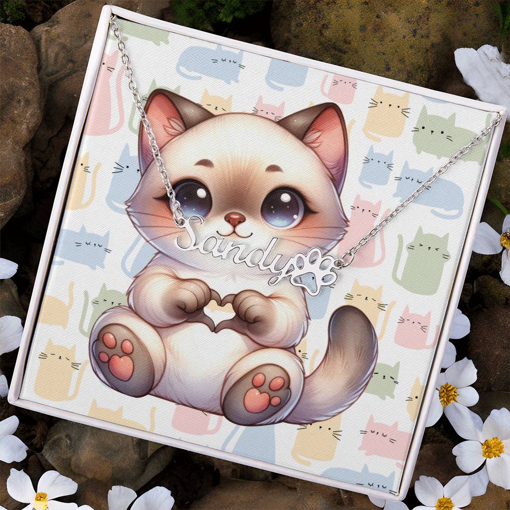 Siamese Cat - Personalized Name Necklace + Paw Print
