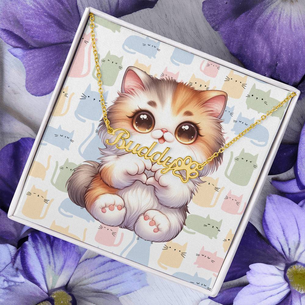 Persian Cat - Personalized Name Necklace + Paw Print