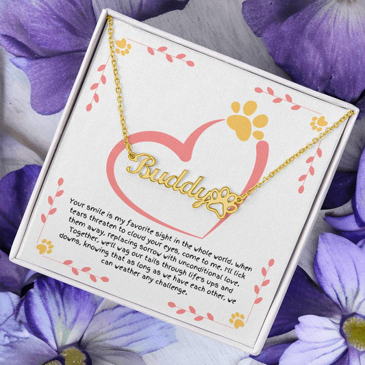Personalized dog name necklace with paw charm, gift for dog lovers expressing unconditional love and wiping away tears